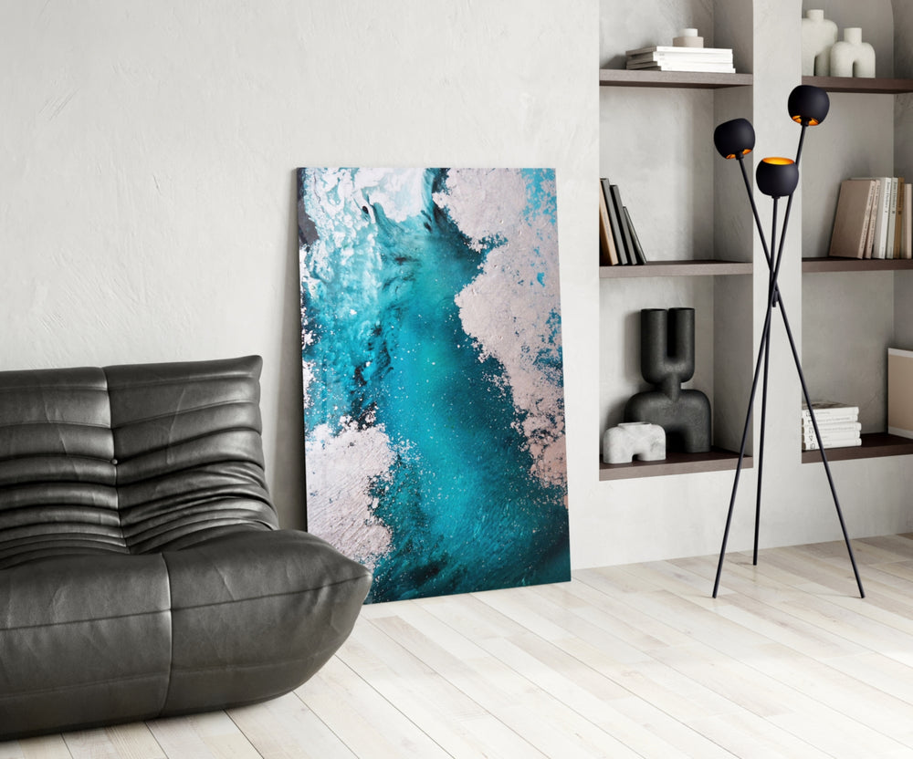 Colors of Abstraction glass print enhancing a bathroom with cinematic mood