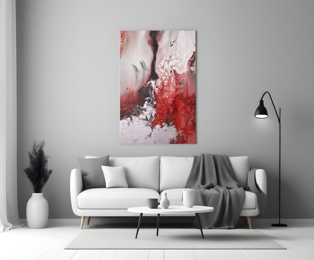 Colors of Abstraction glass wall art styled above a credenza in a hallway