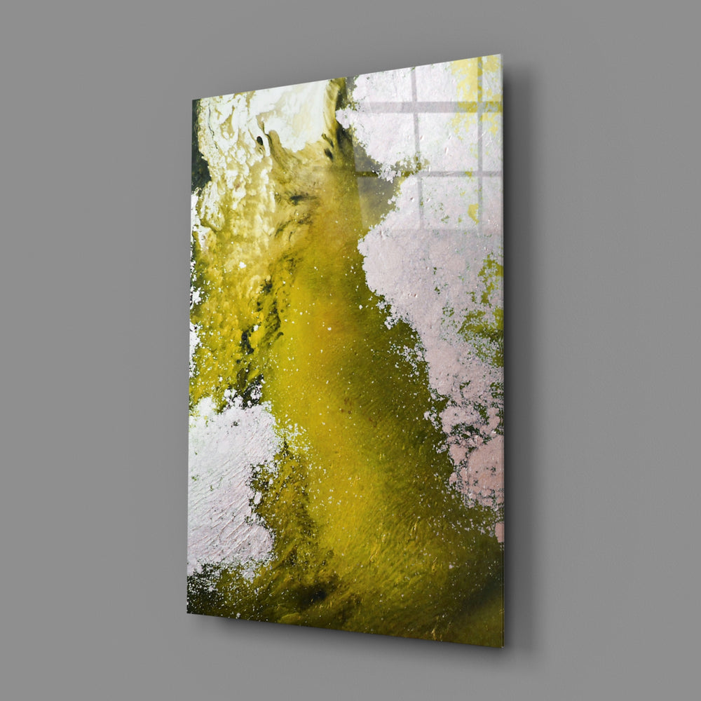 Colors of Abstraction close-up showing chartreuse pour through pearl-pink mist