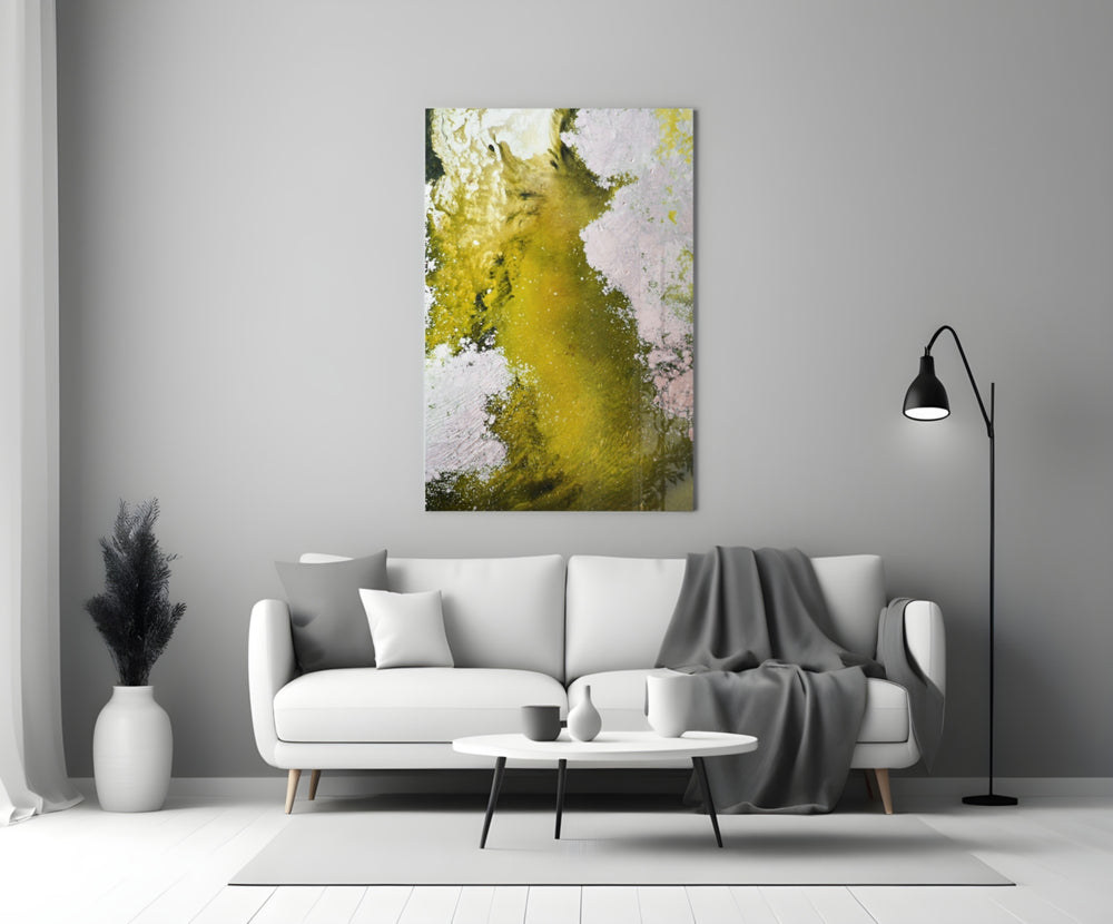 Colors of Abstraction glass wall art styled in a living room