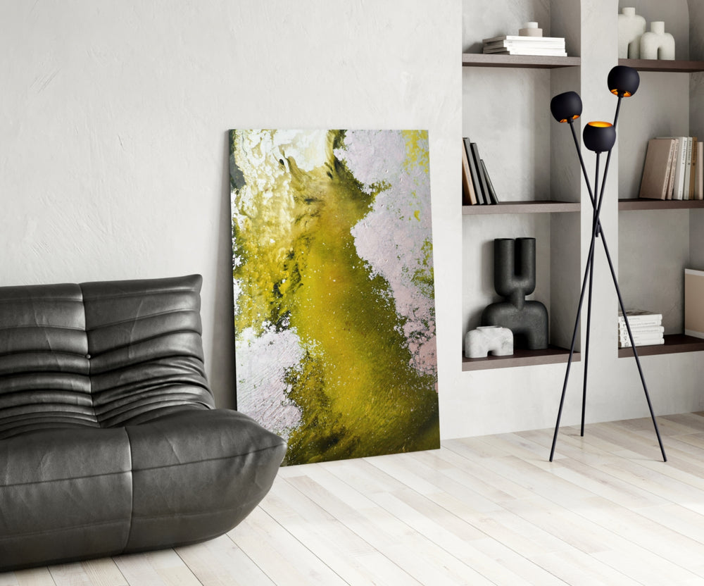 Colors of Abstraction glass print enhancing an office with cinematic warmth