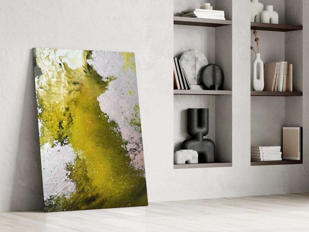 Colors of Abstraction artwork anchoring a wall with earthy energetic palette