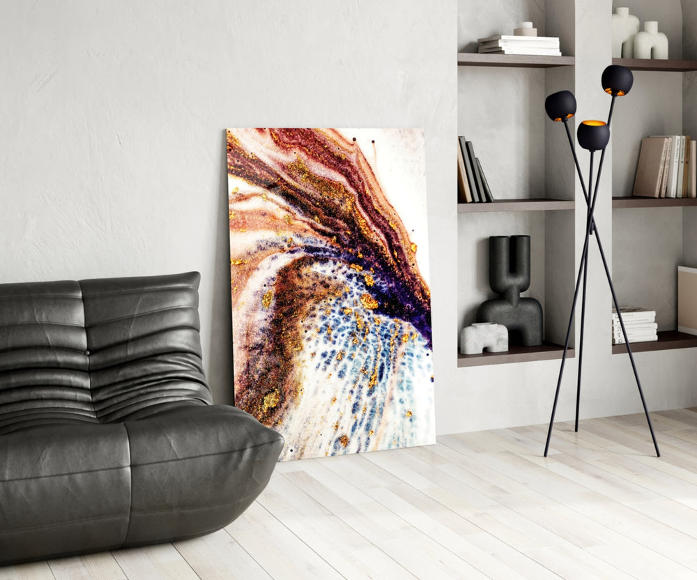 Abstract glass print enhancing a bathroom with cinematic warmth