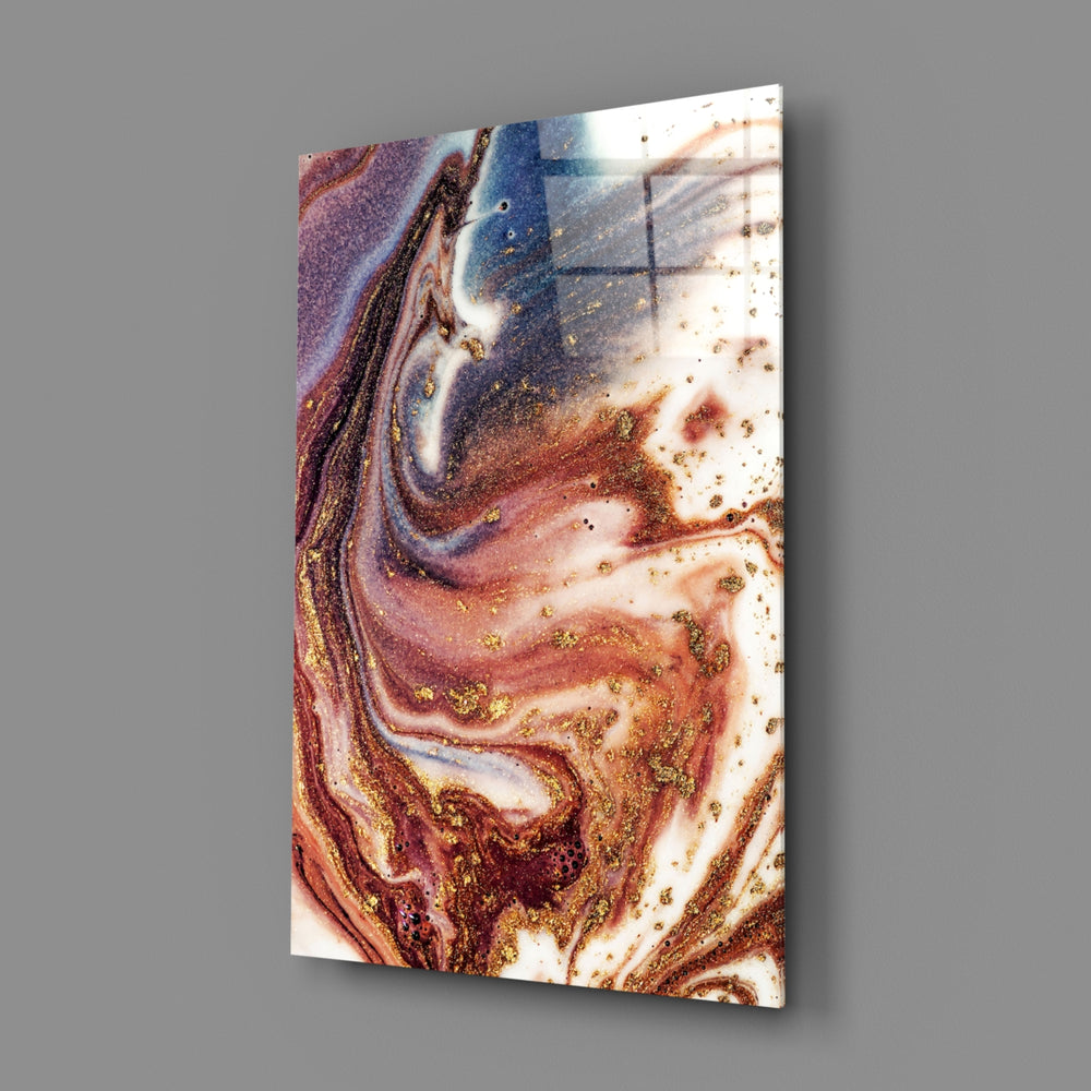 Marble close-up showing plum and rust agate veins with copper currents and gold-leaf flecks