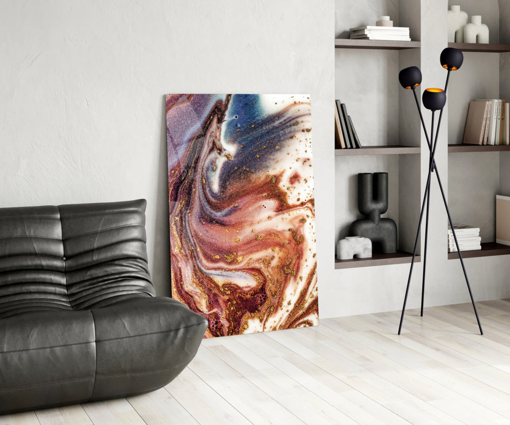 Marble glass print enhancing a bathroom with cinematic warmth