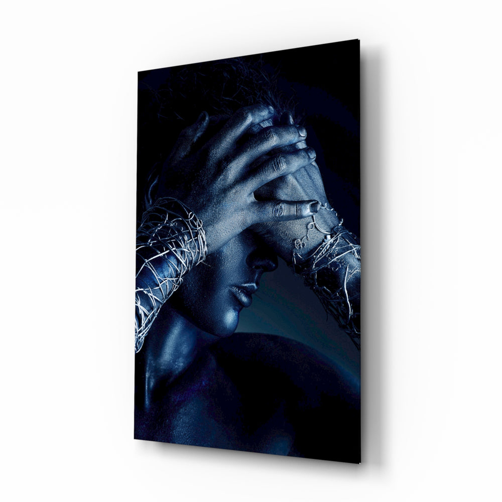 Cinematic-portrait panel bringing moody drama to a contemporary lounge
