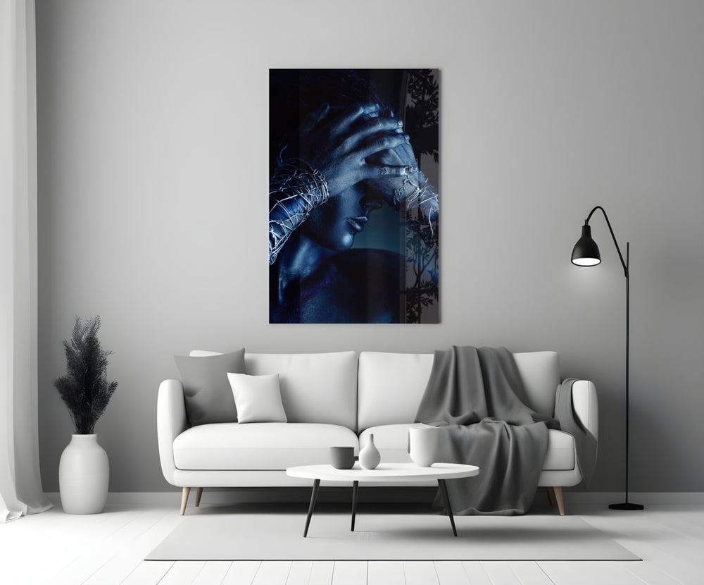Deep Thought glass wall art styled in a bedroom