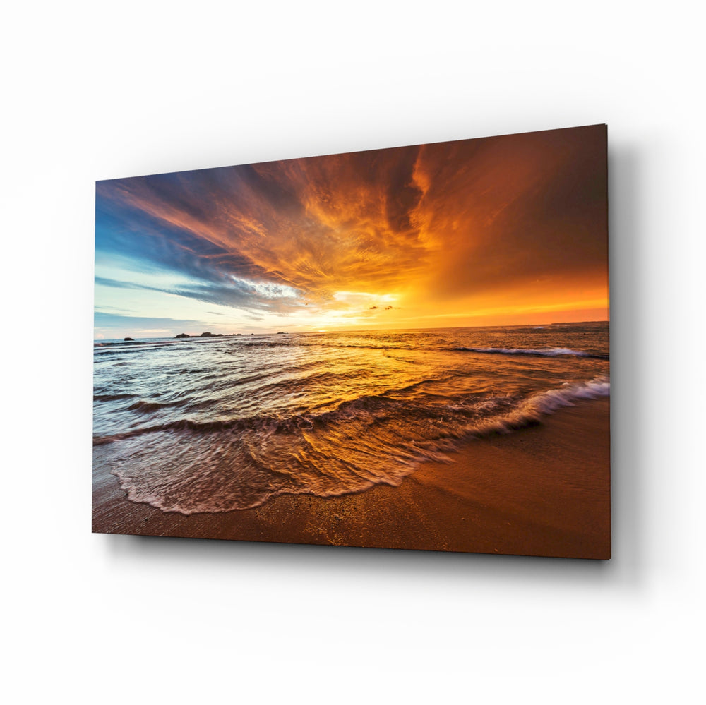 Coastal-sunset panel bringing serene warmth to a contemporary lounge