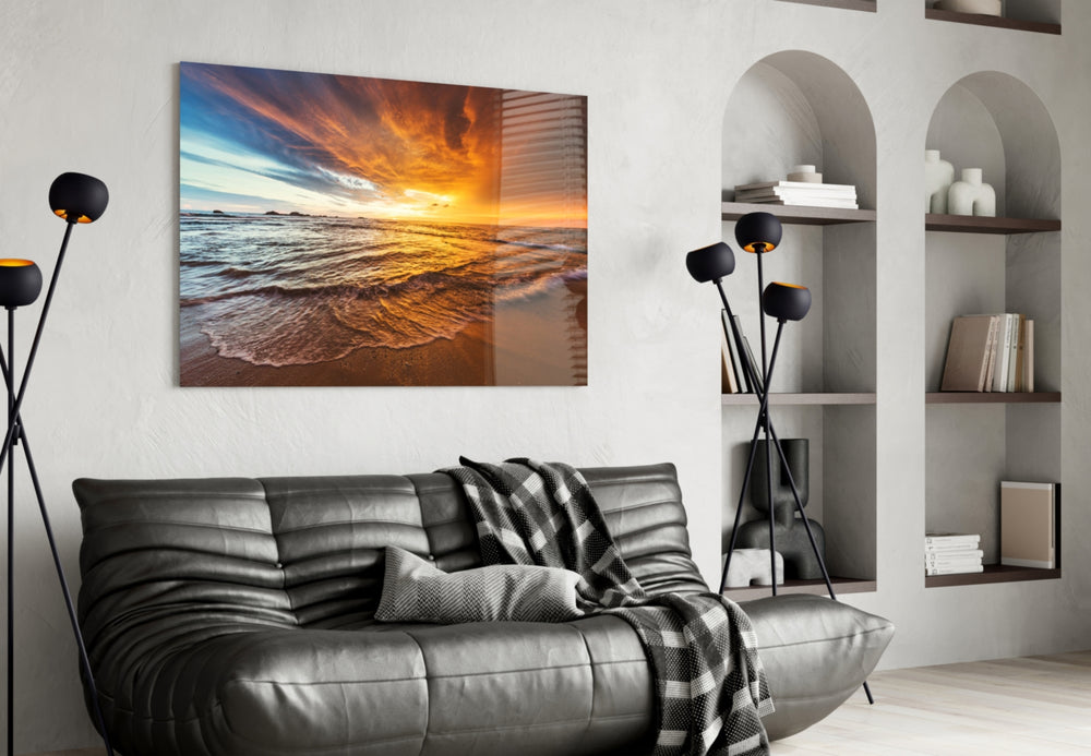 Sunset panel adding editorial calm to a bathroom