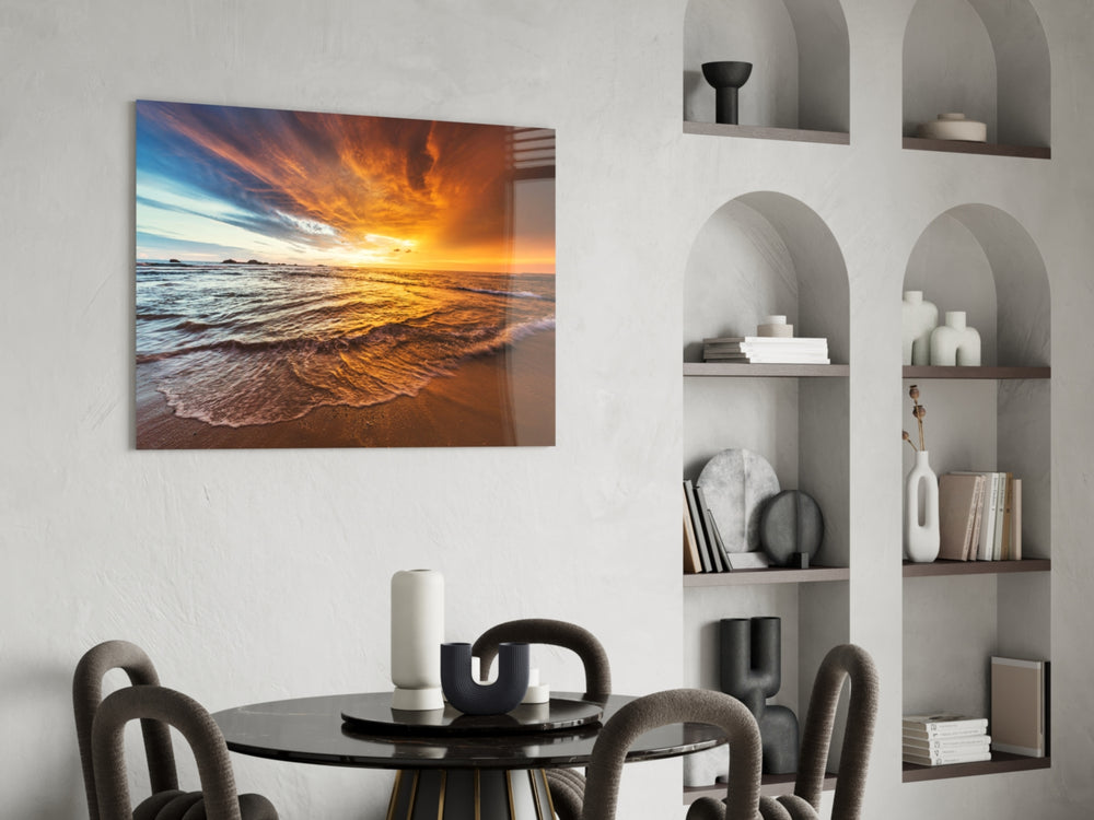 Sunset glass print enhancing a bedroom with cinematic warmth