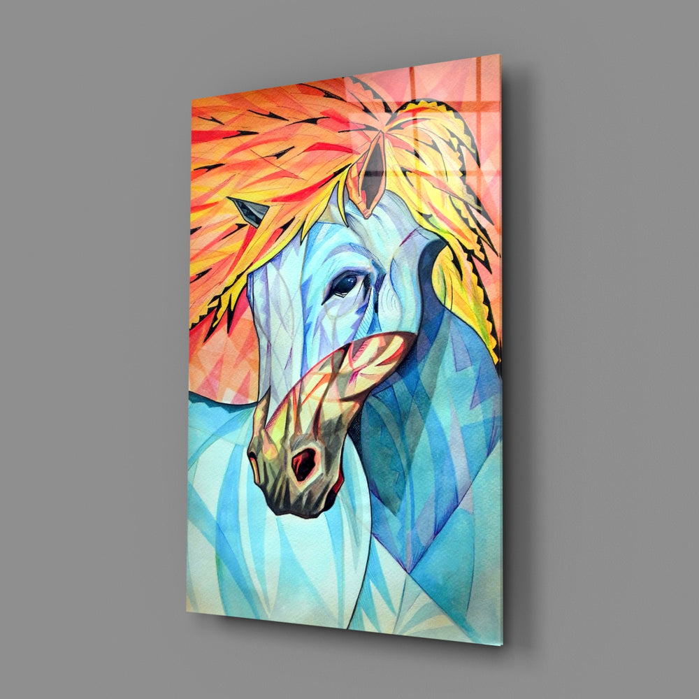 Horse close-up showing geometric stallion with crystal blue planes and coral mane