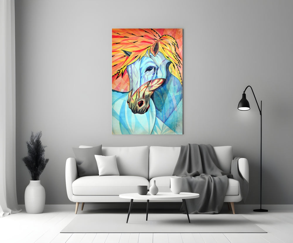 Horse glass wall art styled above a credenza in a kids room