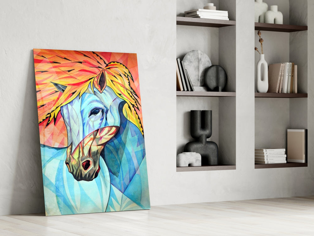 Horse artwork anchoring a wall with bold energetic palette
