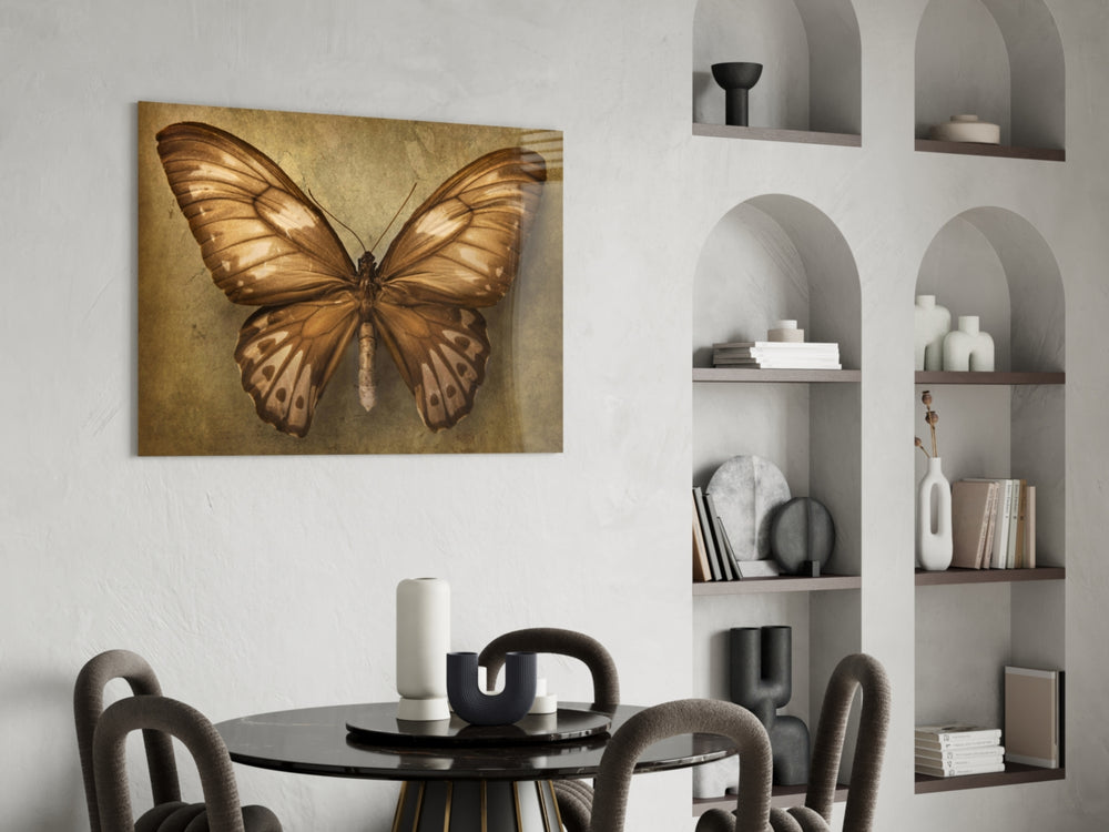 Butterfly glass print enhancing a living room with cinematic warmth