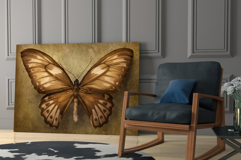 Butterfly artwork anchoring a wall with nostalgic naturalist palette
