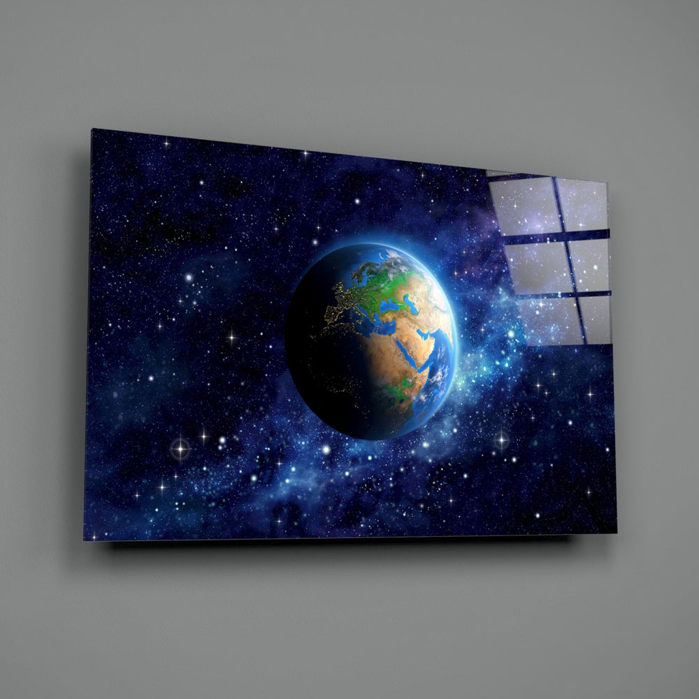 World close-up showing blue-green Earth amid violet nebula and starfield