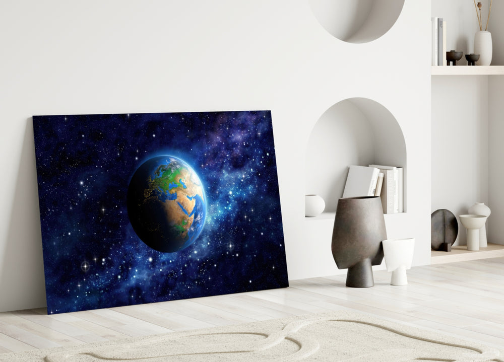 World glass wall art styled above a credenza in a kids room