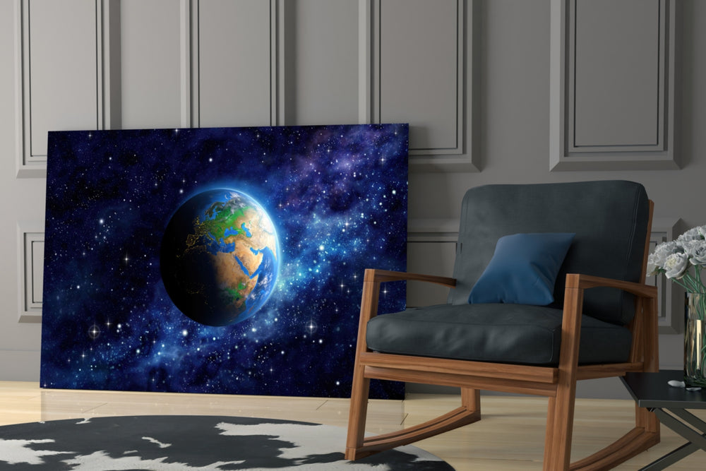 World artwork anchoring a wall with epic space palette
