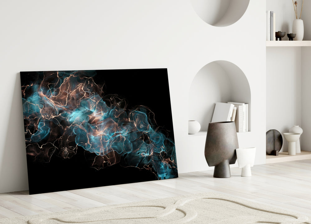 Energy glass wall art styled above a credenza in a gaming room