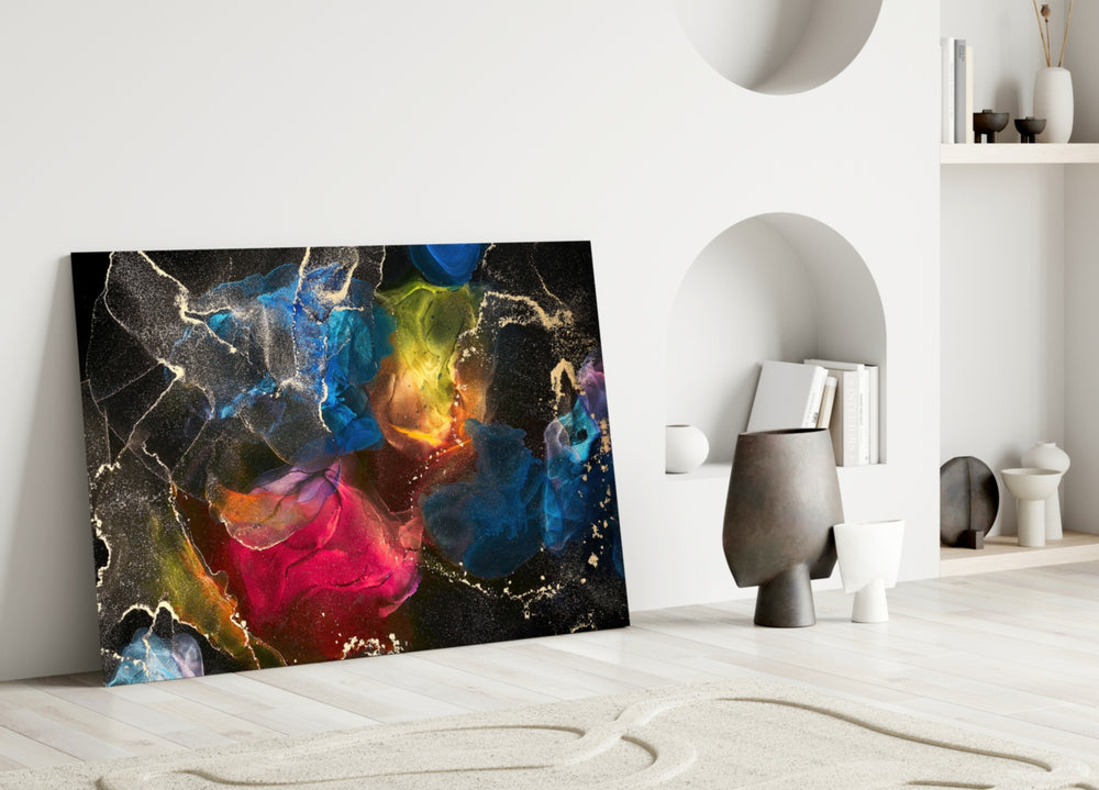 Energy glass wall art styled above a credenza in a gaming room