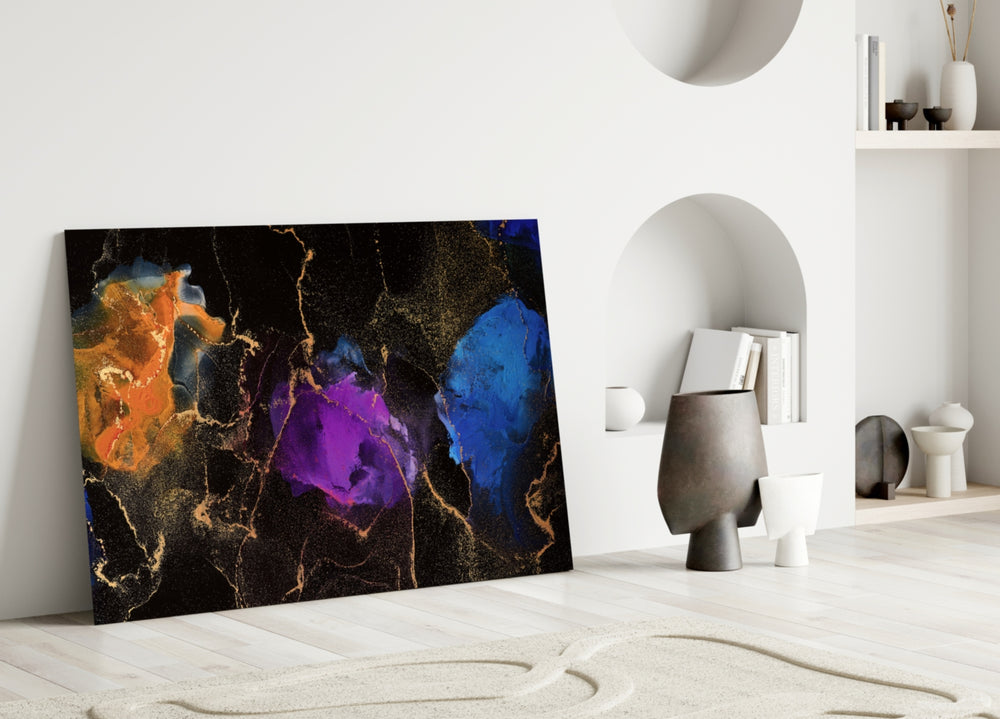 Energy glass wall art styled above a sofa in a living room