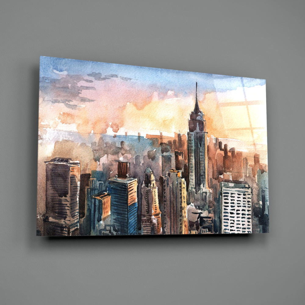 New York City close-up showing Empire State silhouette under amber sunset