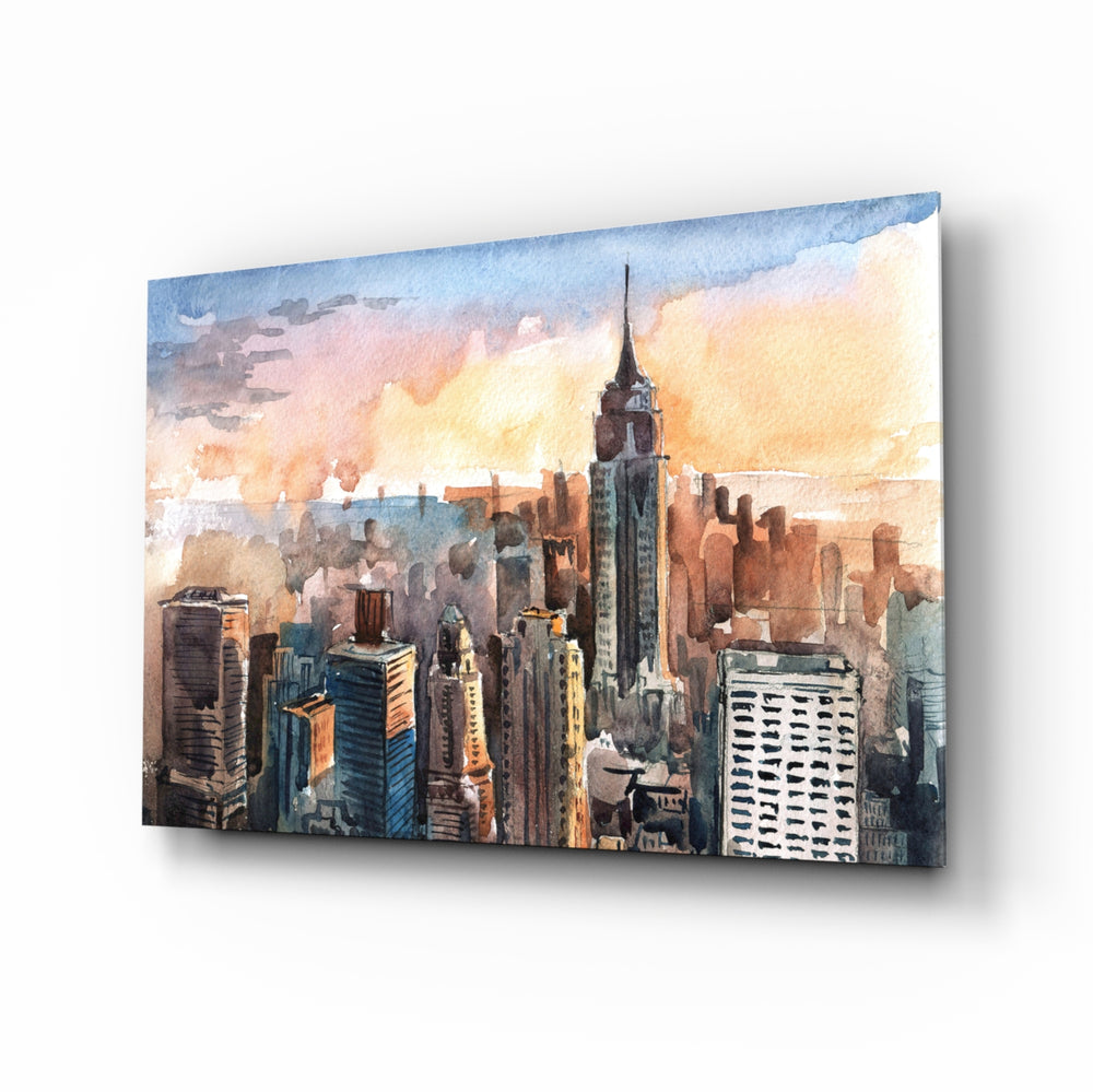 Watercolor-cityscape panel bringing serene warmth to a contemporary lounge