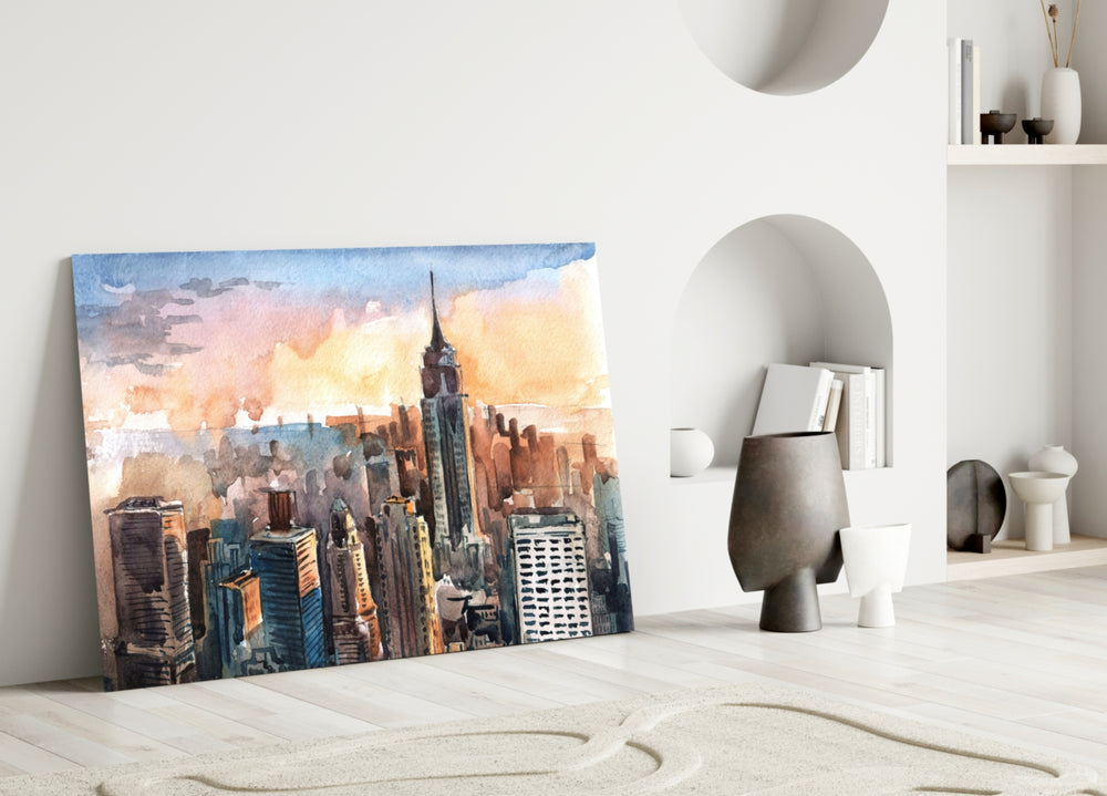New York City glass wall art styled above a credenza in a living room