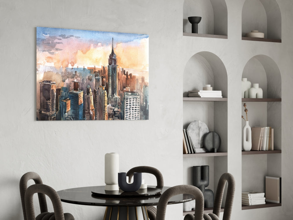 New York City glass print enhancing a dining room with cinematic warmth