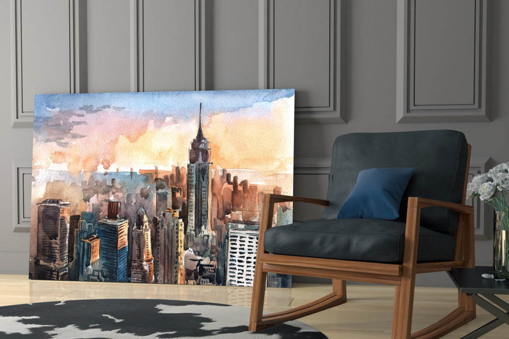 New York City artwork anchoring a wall with serene urban palette