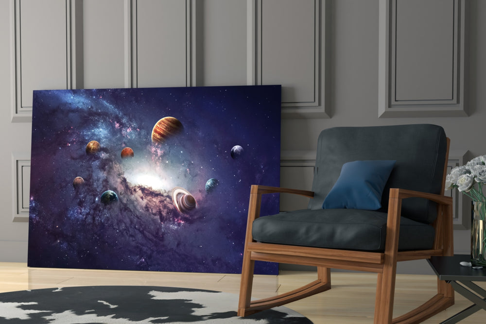 Planets artwork anchoring a wall with epic space palette