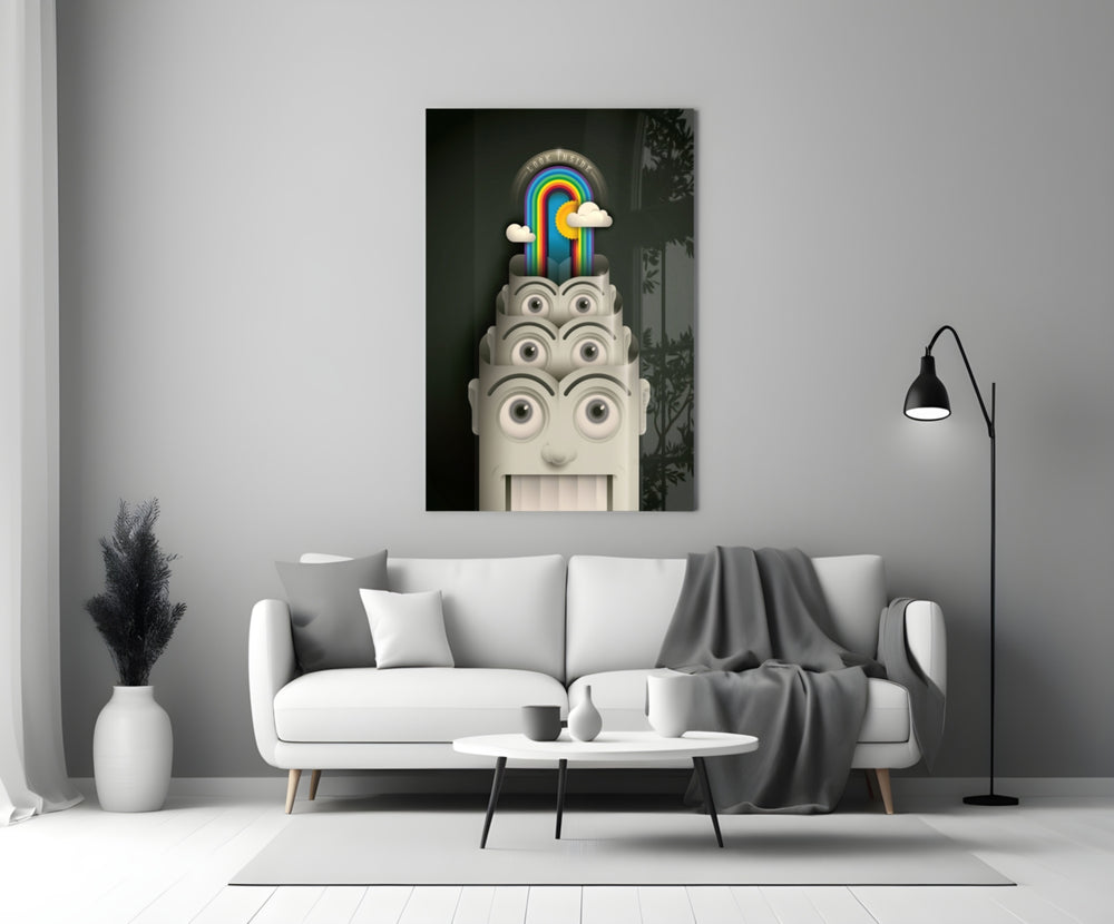 Rainbow Machine glass wall art styled above a credenza in a living room