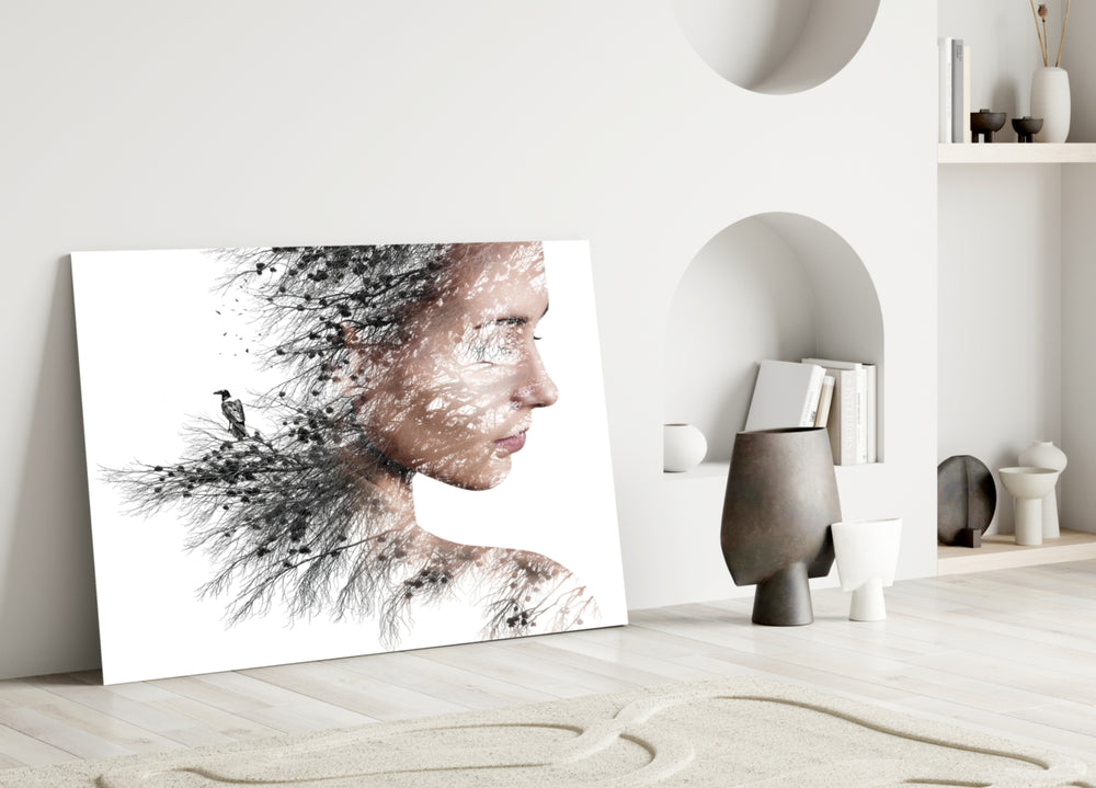 Woman Bird glass wall art styled above a credenza in a bedroom