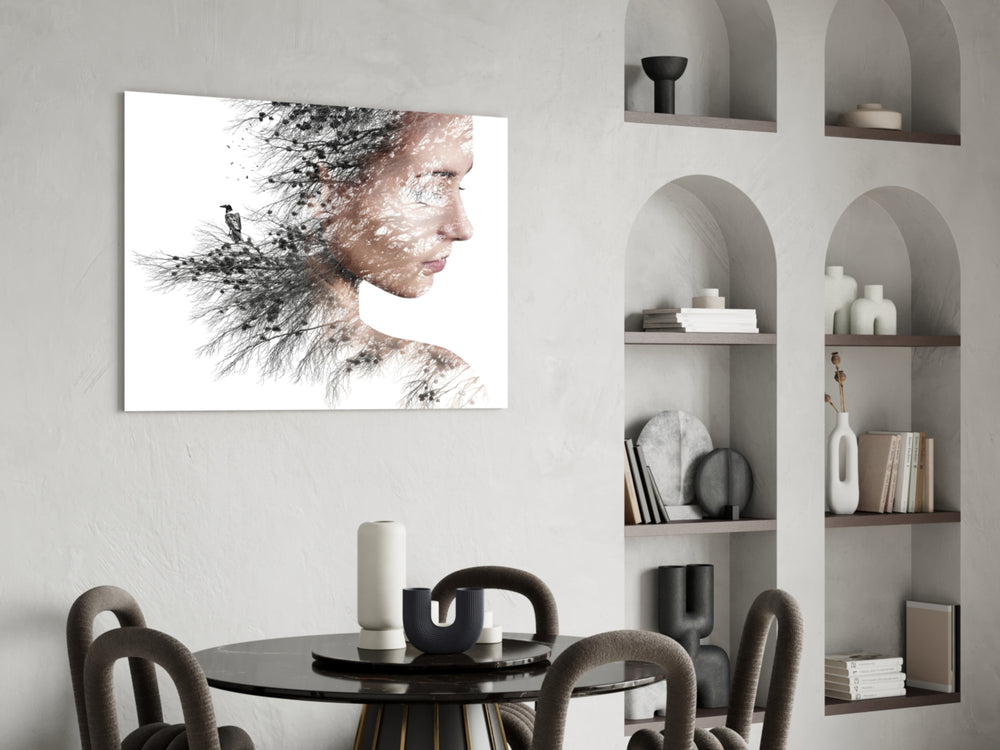 Woman Bird glass print enhancing a living room with cinematic calm