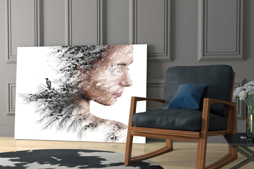 Woman Bird artwork anchoring a wall with serene contemplative palette