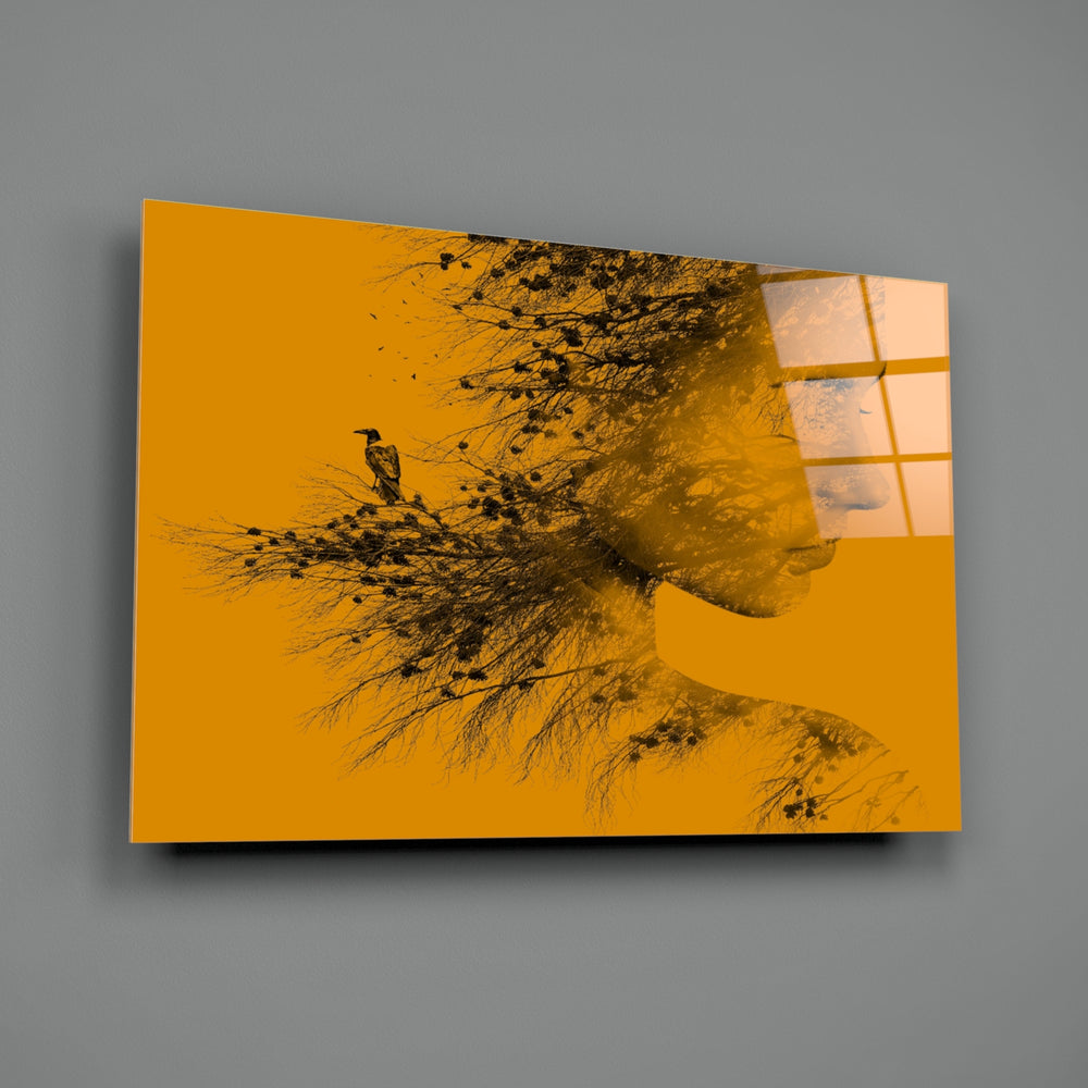 Woman Bird close-up showing female profile dissolving into branches on saffron
