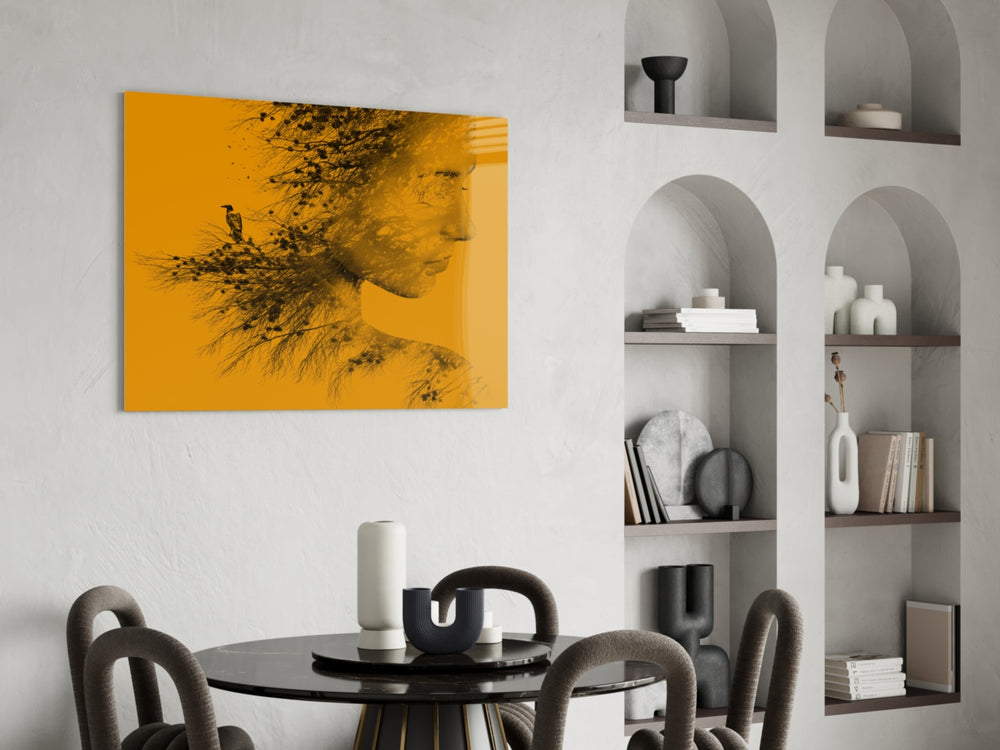 Woman Bird glass print enhancing a dining room with cinematic warmth