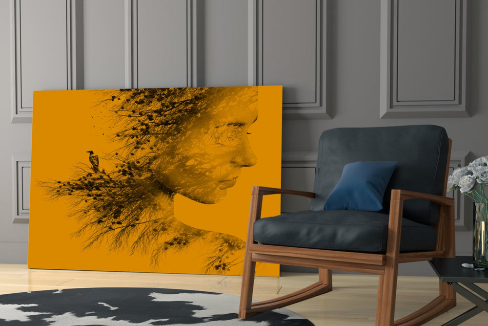 Woman Bird artwork anchoring a wall with warm contemplative palette
