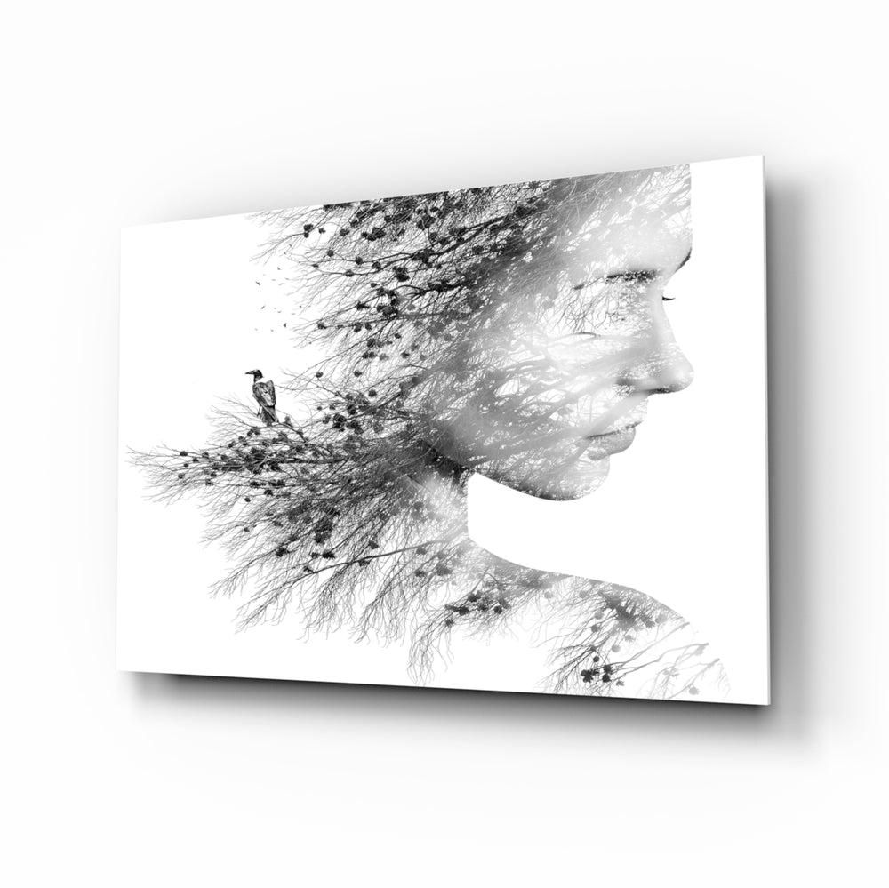 Double-exposure-monochrome panel bringing serene calm to a contemporary bedroom