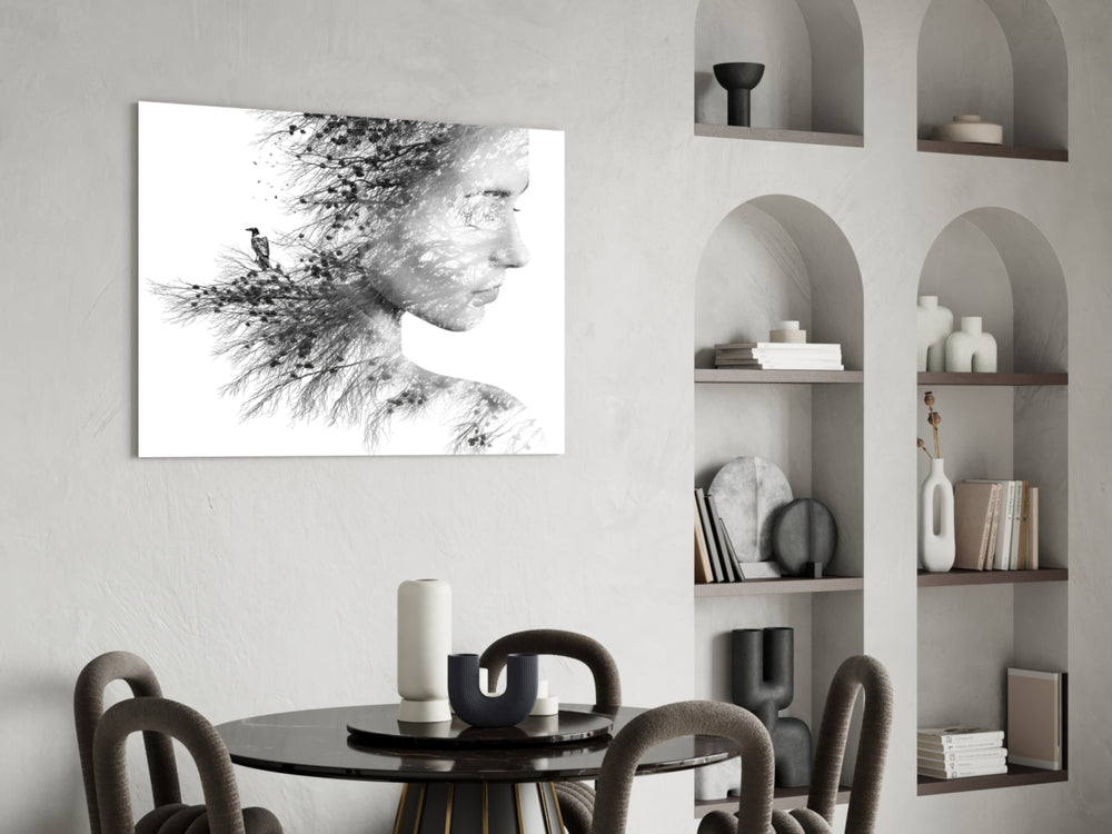 Woman Bird glass print enhancing a living room with cinematic calm