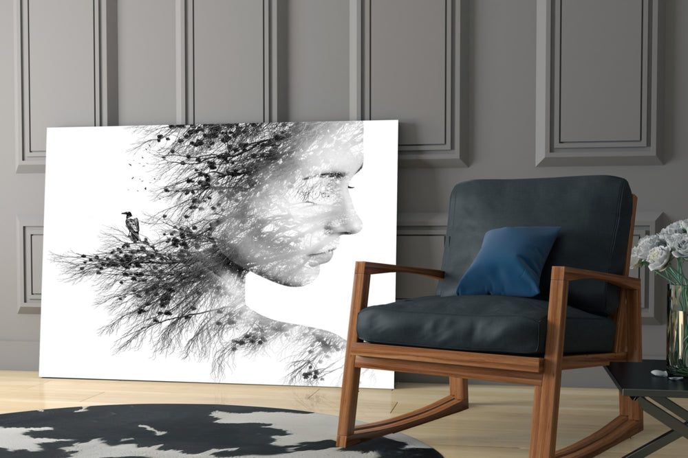 Woman Bird artwork anchoring a wall with serene monochrome palette