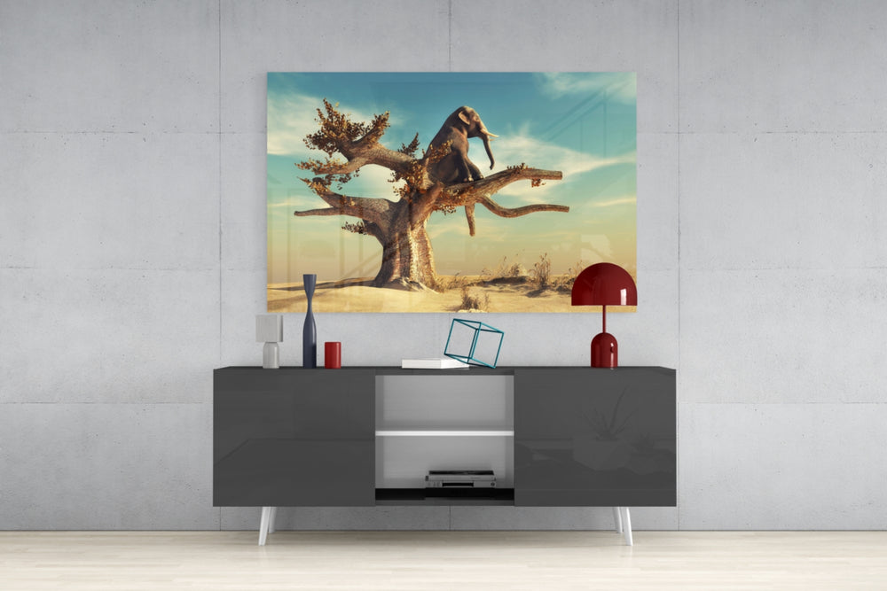 Thinking Elephant Glass Wall Art.