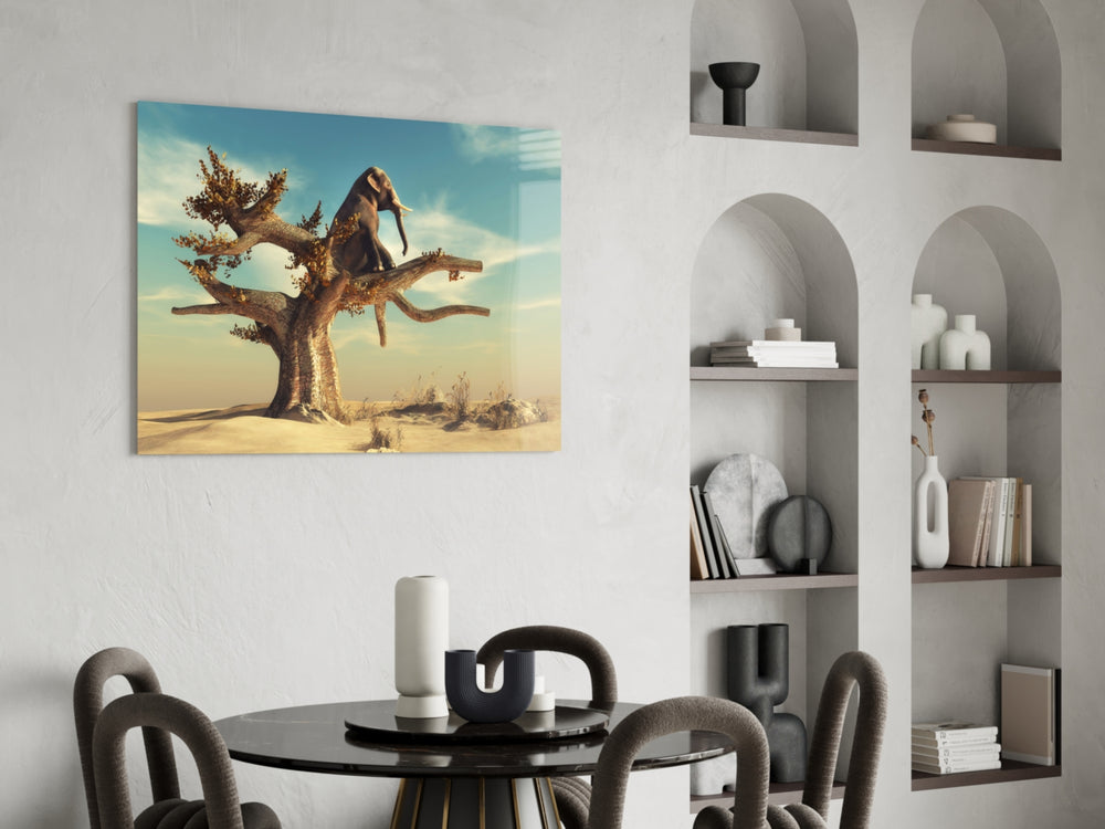 Thinking Elephant glass print enhancing a hallway with cinematic whimsy