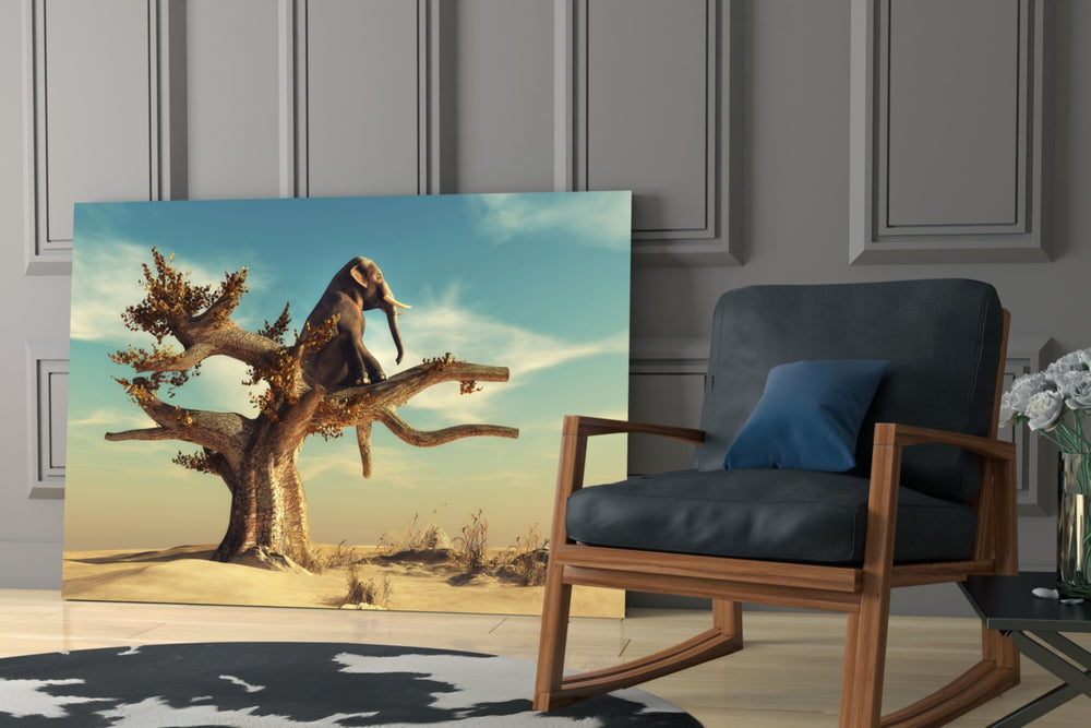 Thinking Elephant artwork anchoring a wall with playful fantasy palette