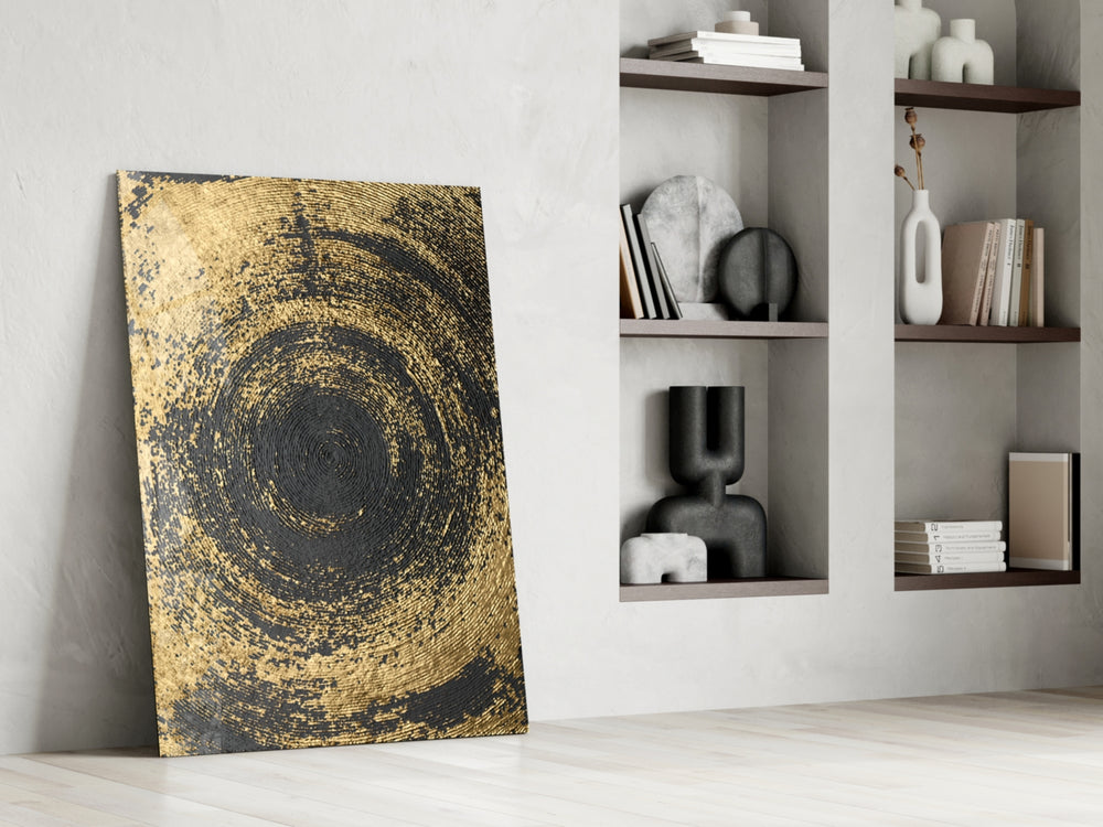 Abstract Loop artwork anchoring a wall with luxurious dramatic palette