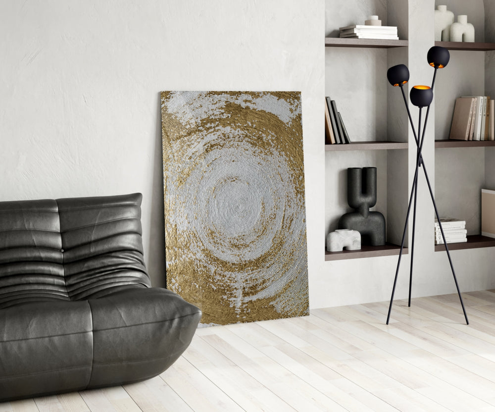 Abstract Loop glass print enhancing a bedroom with cinematic warmth