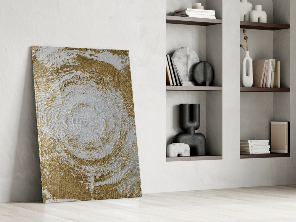 Abstract Loop artwork anchoring a wall with serene luxe palette