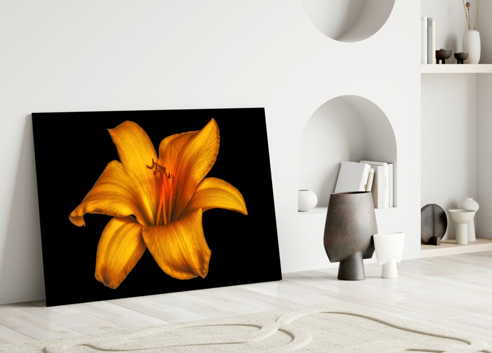 Lily glass wall art styled above a console in a living room