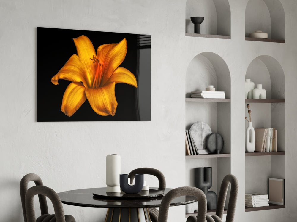 Lily glass print enhancing a hallway with cinematic drama