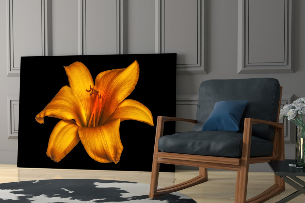 Lily artwork anchoring a wall with bold biophilic palette